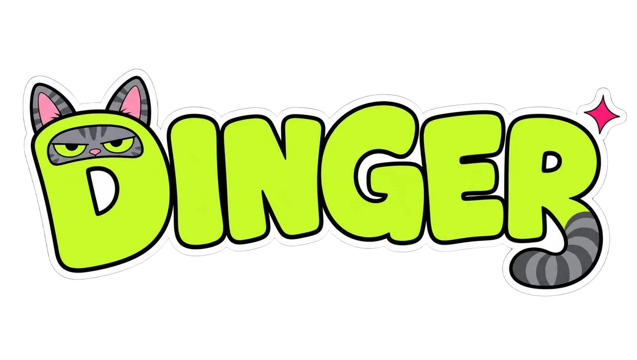 DINGER: the D is a grumpy cat with ears, and the R ends in a striped tail.